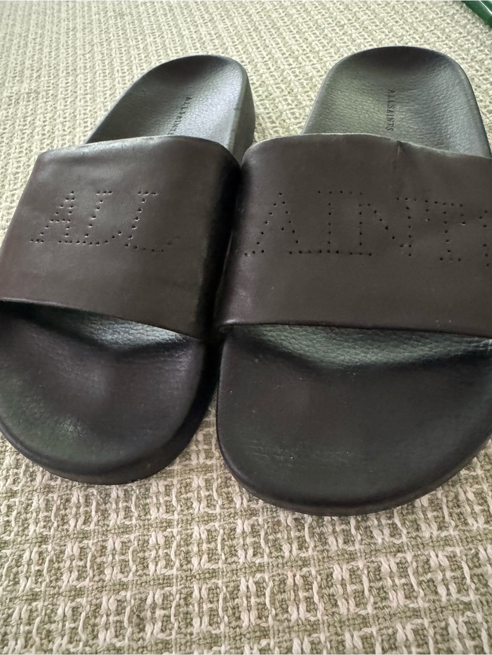 ALL SAINTS Black Leather Perforated Logo Slide Sandals Size 7